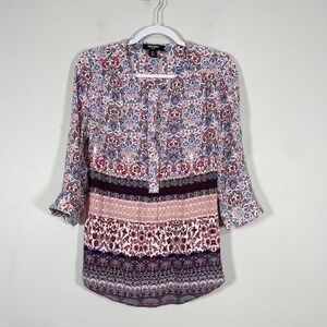 Nine West Floral Blouse Womens Medium Rust Blue Print 3/4 Sleeve Boho Festival